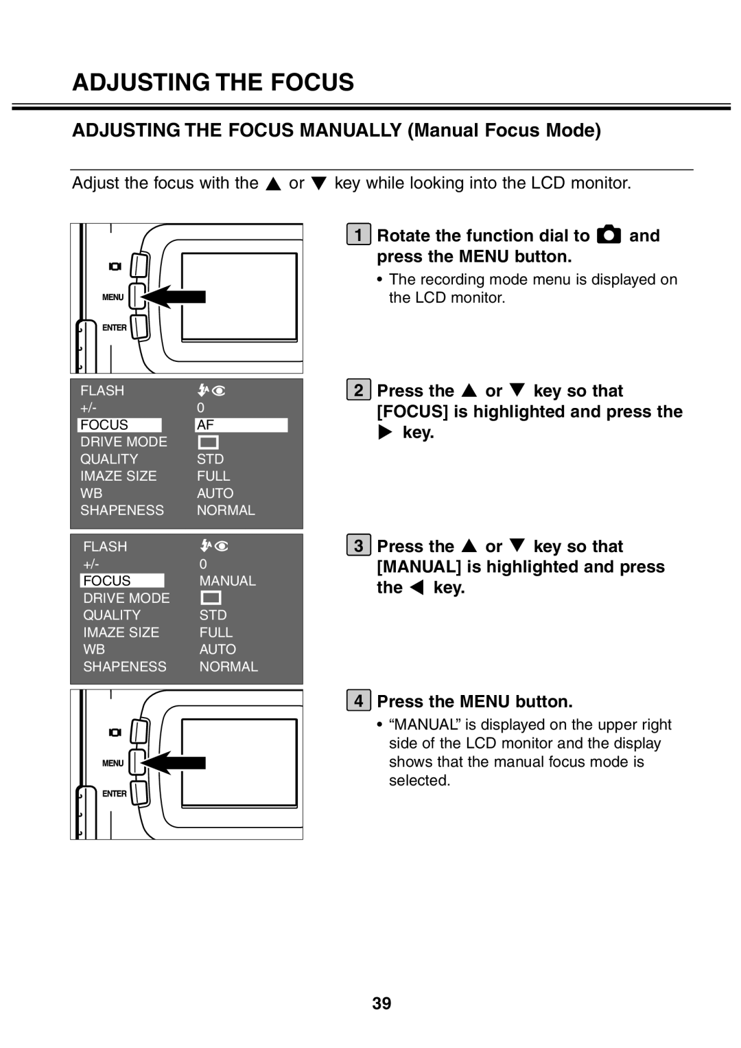 Minolta 2330 Adjusting the Focus Manually Manual Focus Mode, Rotate the function dial to and press the Menu button 