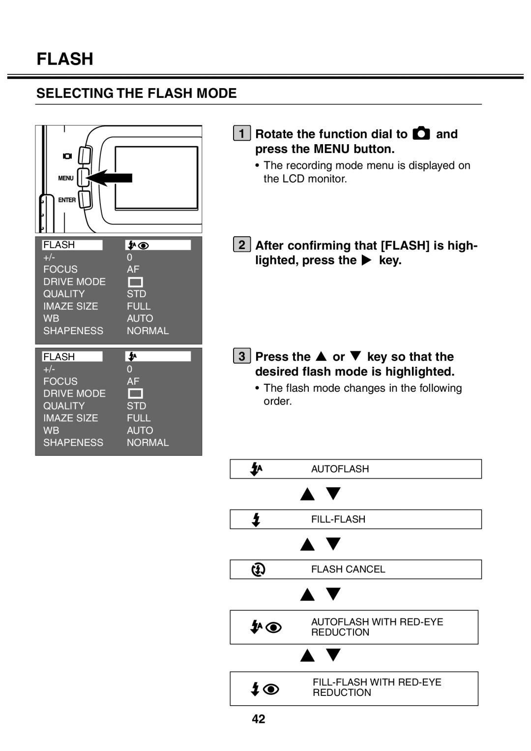 Minolta 2330 instruction manual Selecting the Flash Mode, Flash mode changes in the following order 