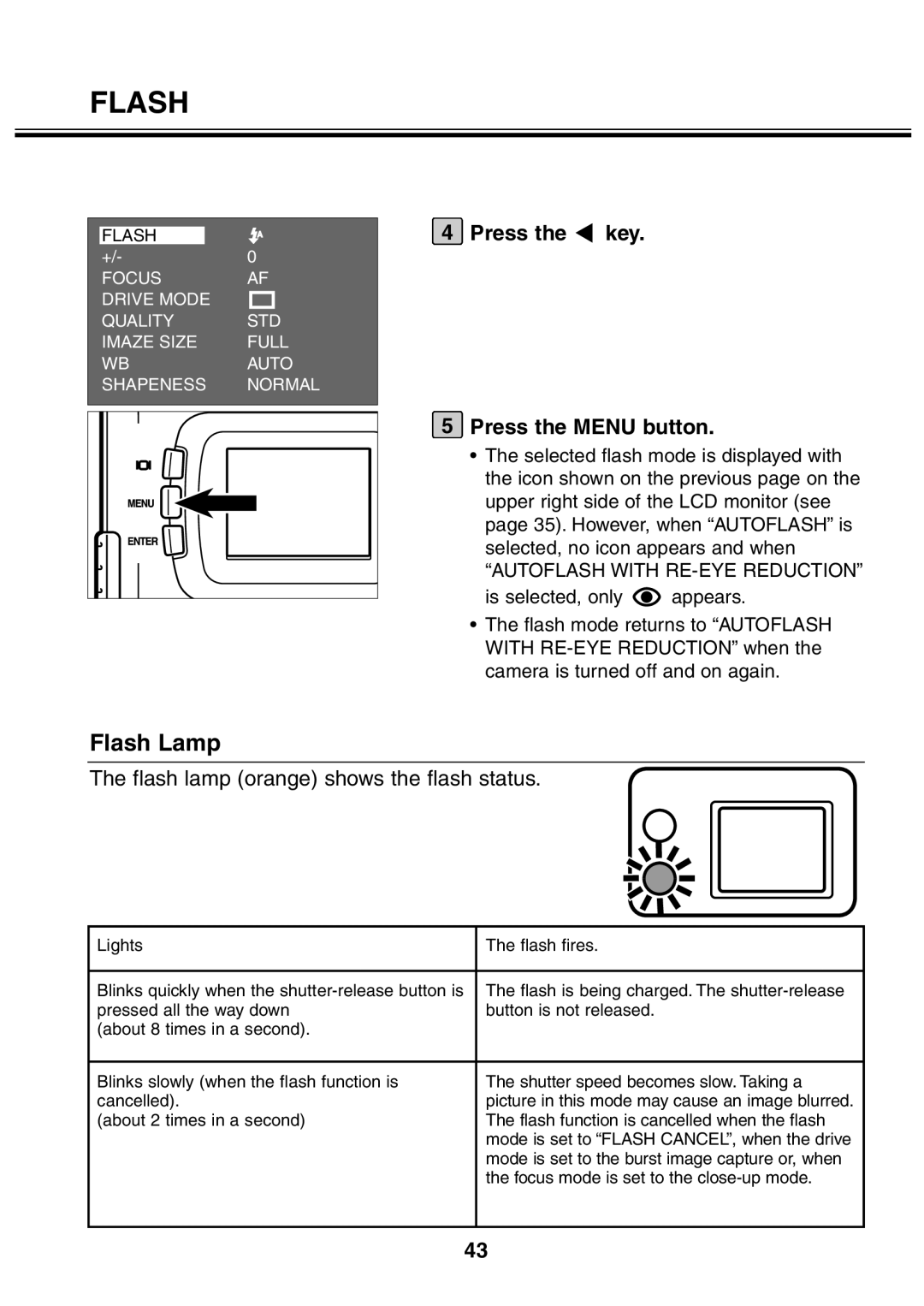 Minolta 2330 instruction manual Flash Lamp, Press the key Press the Menu button 