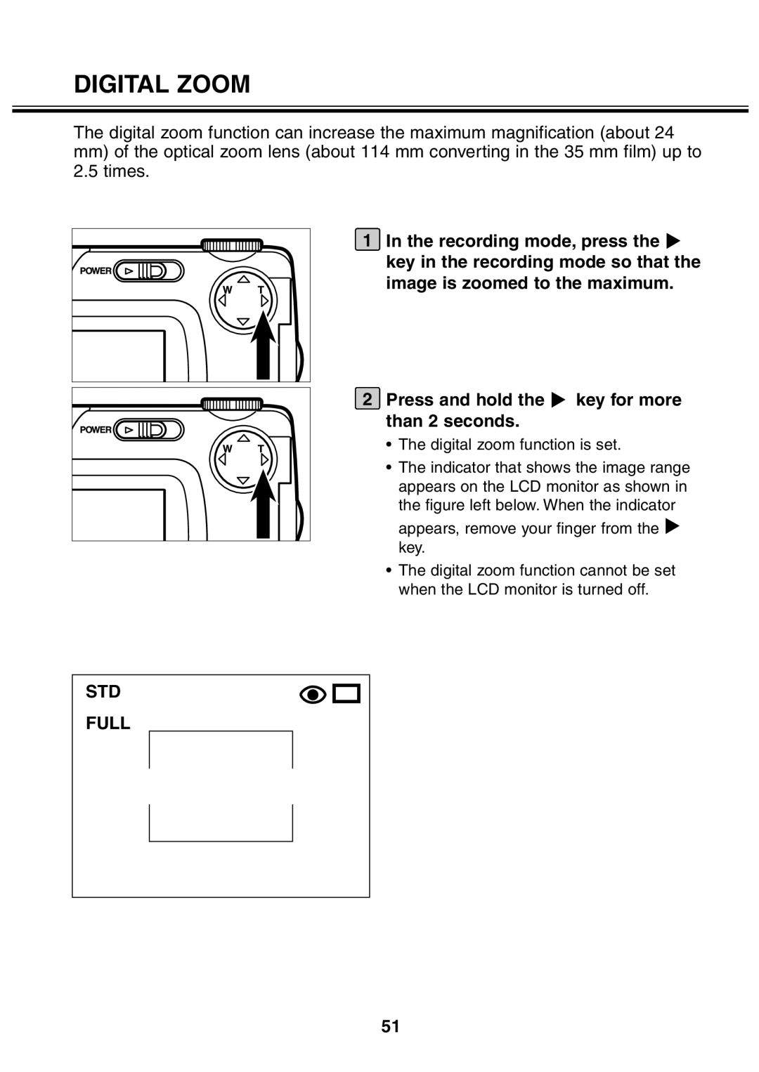 Minolta 2330 instruction manual Digital Zoom, Press and hold the key for more than 2 seconds 