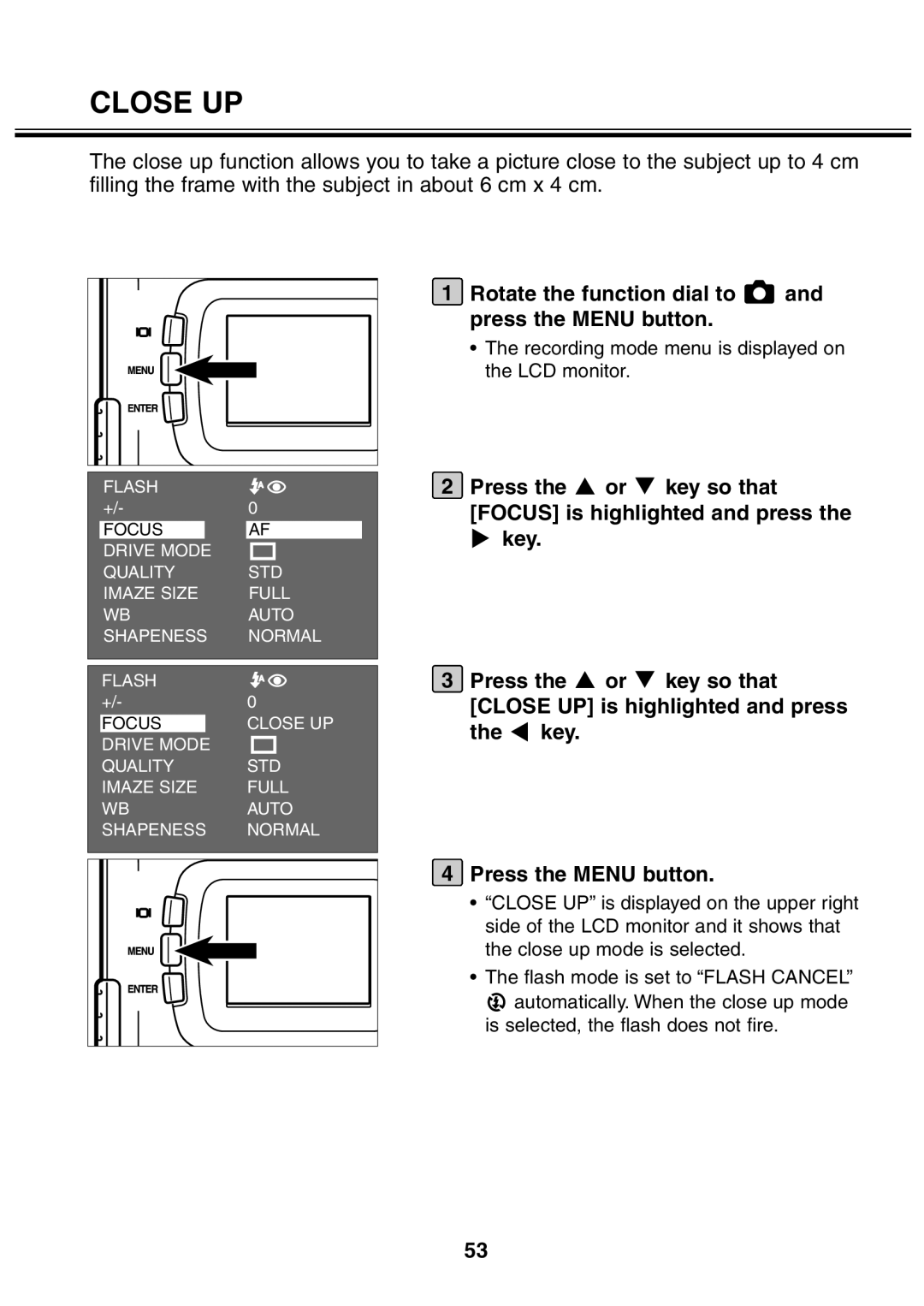 Minolta 2330 instruction manual Close UP, Rotate the function dial to and press the Menu button 