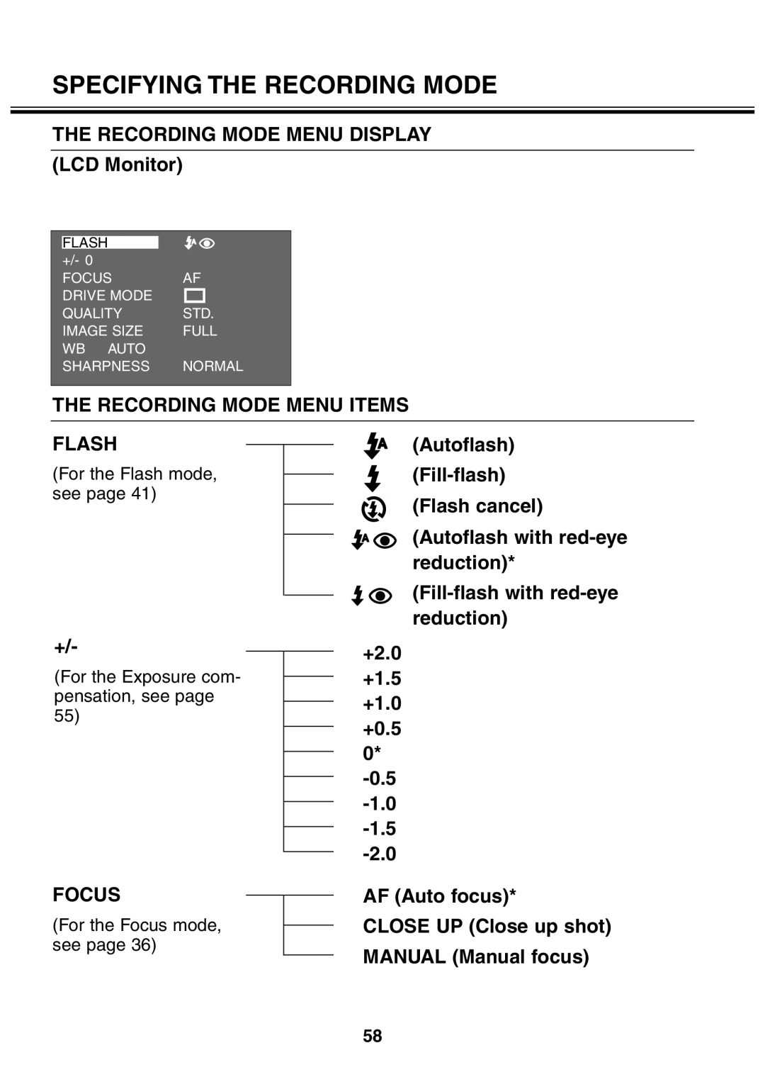 Minolta 2330 Specifying the Recording Mode, Recording Mode Menu Display, Recording Mode Menu Items Flash, Focus 