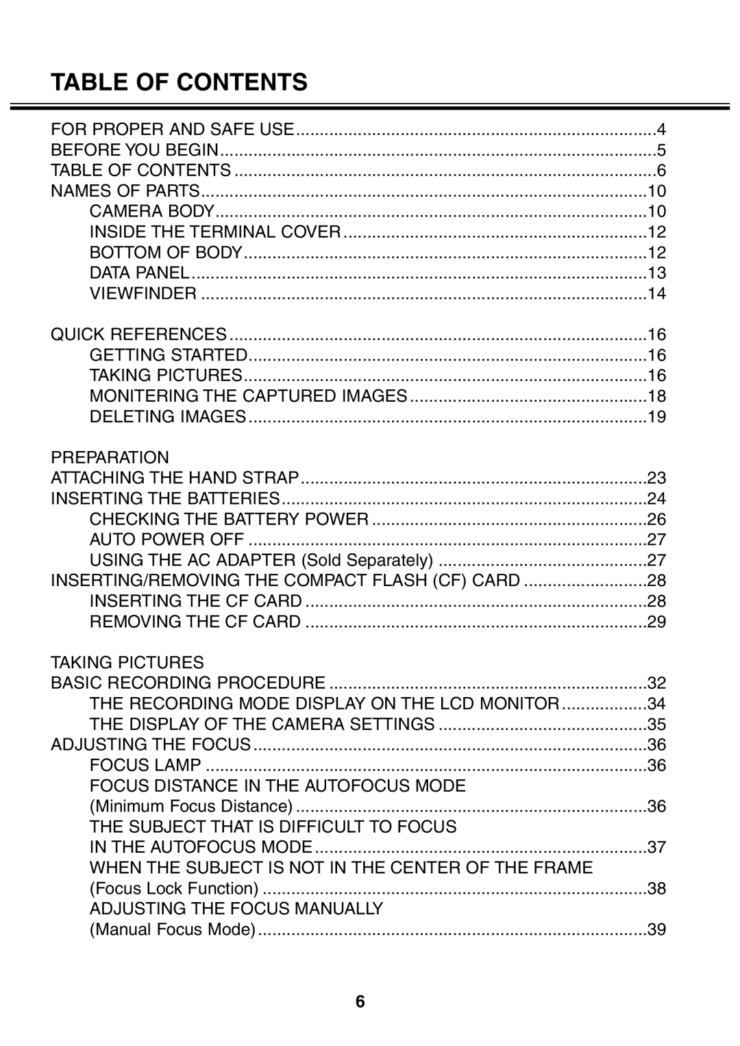 Minolta 2330 instruction manual Table of Contents 