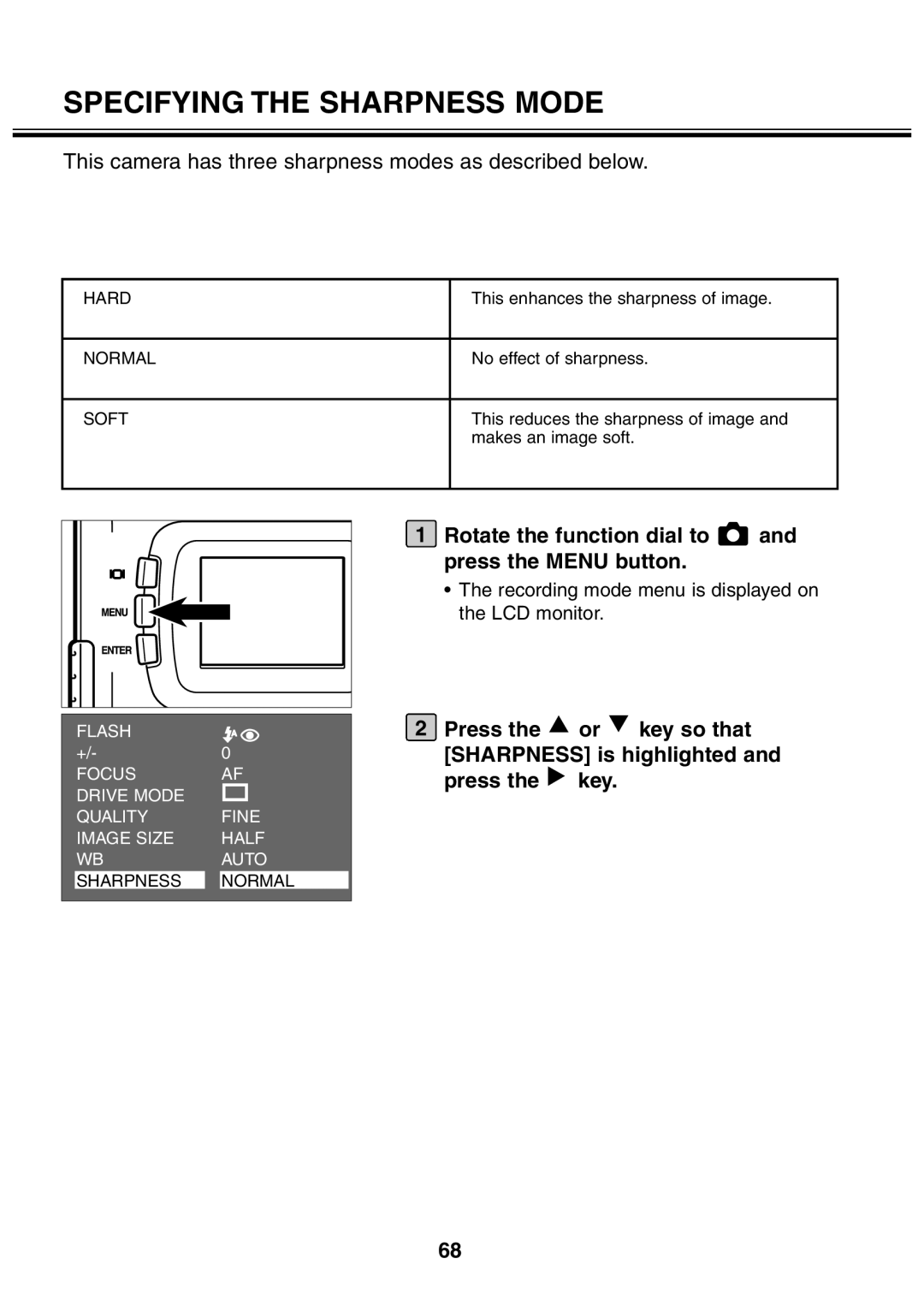 Minolta 2330 instruction manual Specifying the Sharpness Mode, This camera has three sharpness modes as described below 