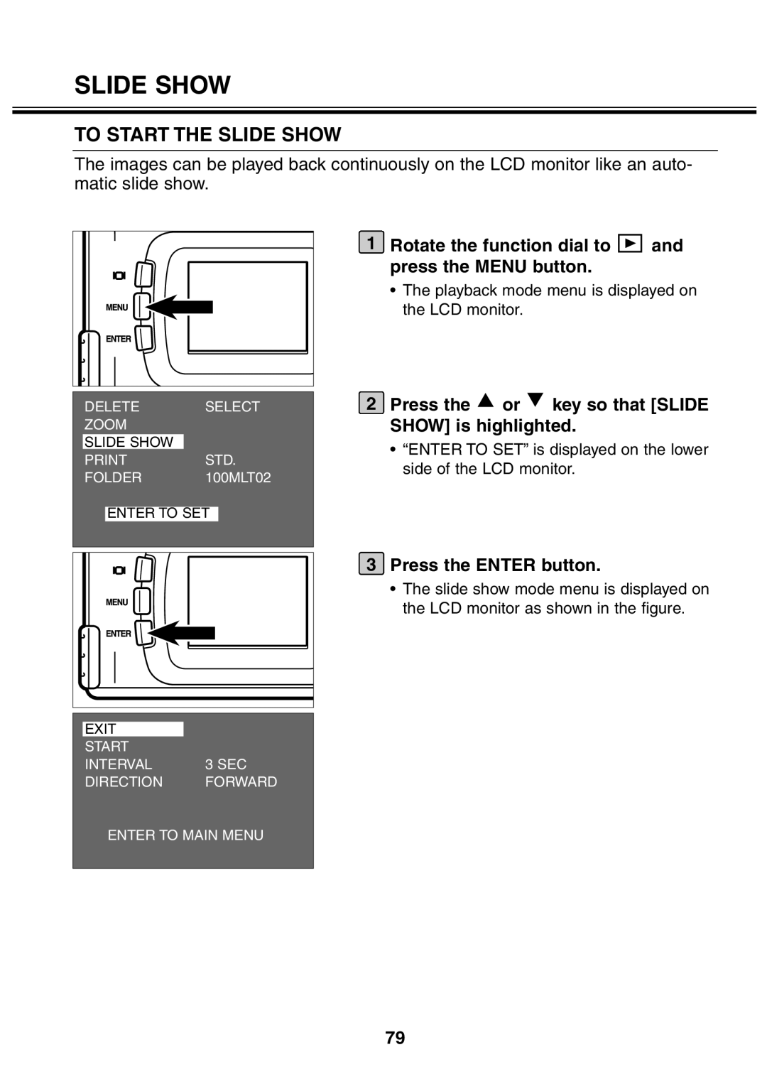 Minolta 2330 instruction manual To Start the Slide Show, Press the or key so that Slide Show is highlighted 