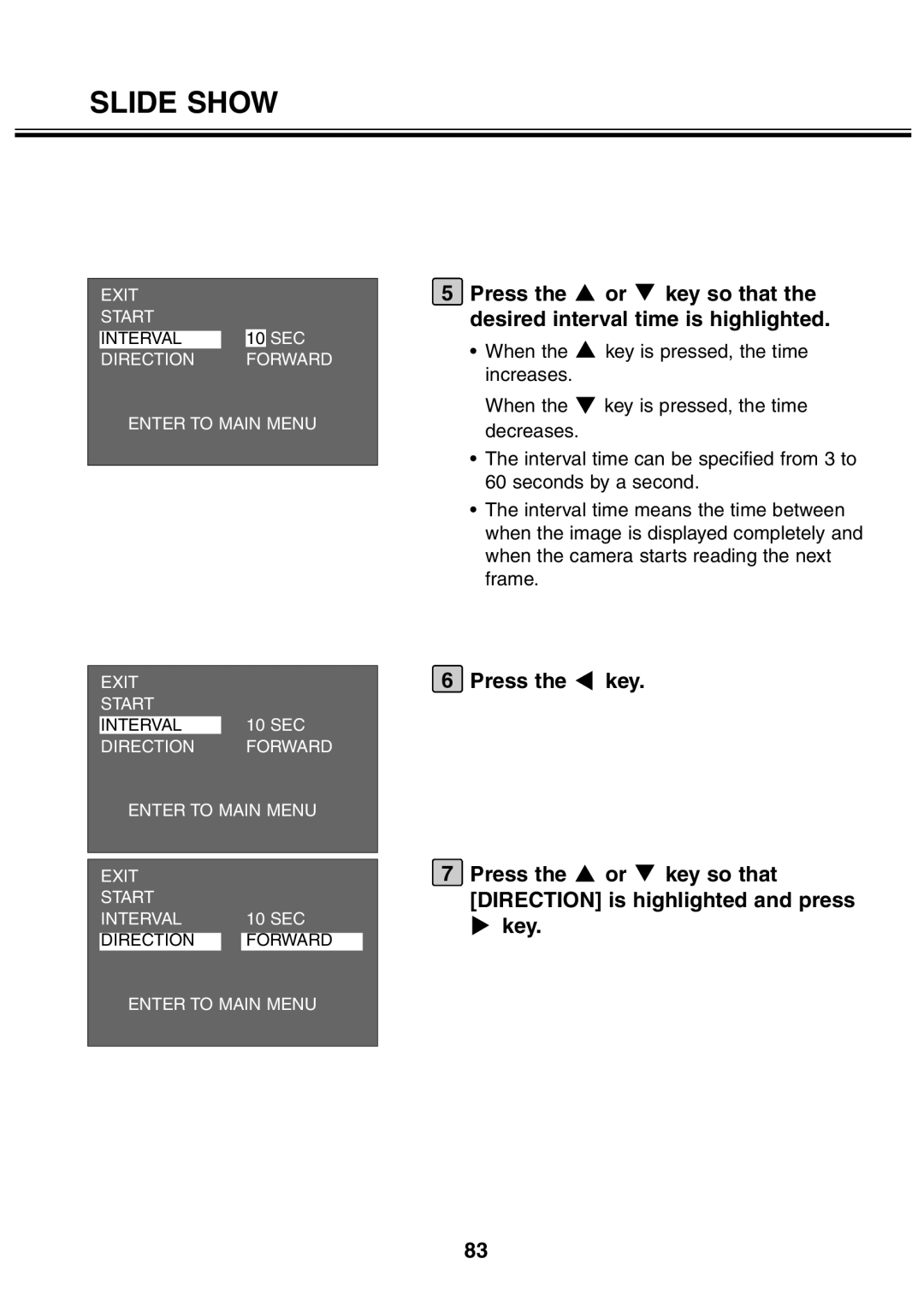 Minolta 2330 instruction manual Exit Start SEC Interval Direction Forward Enter to Main Menu 