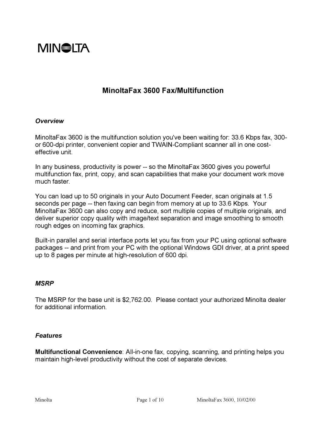 Minolta 3600 manual Overview, Features 