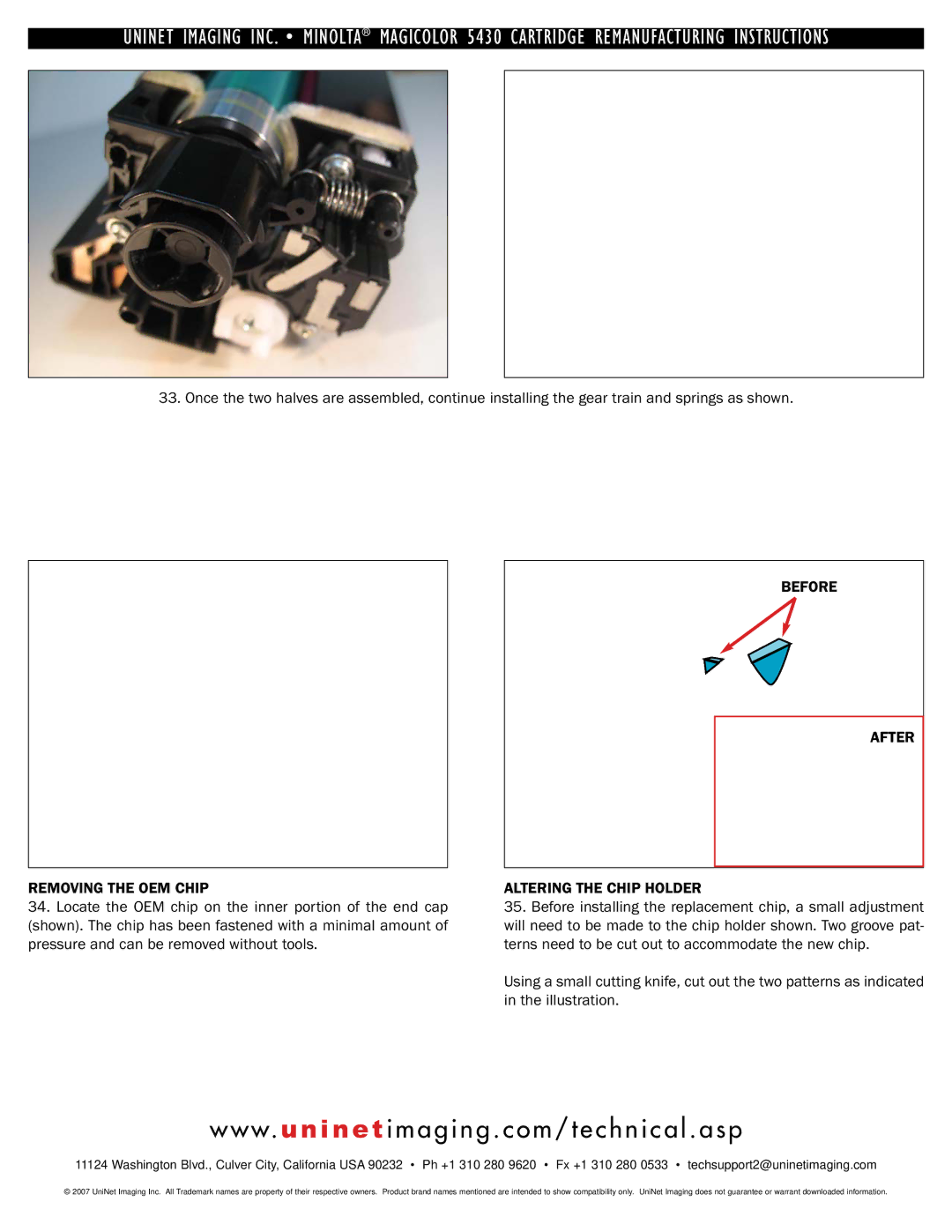 Minolta 5430, 5440, 5450 manual Before After Removing the OEM Chip Altering the Chip Holder 