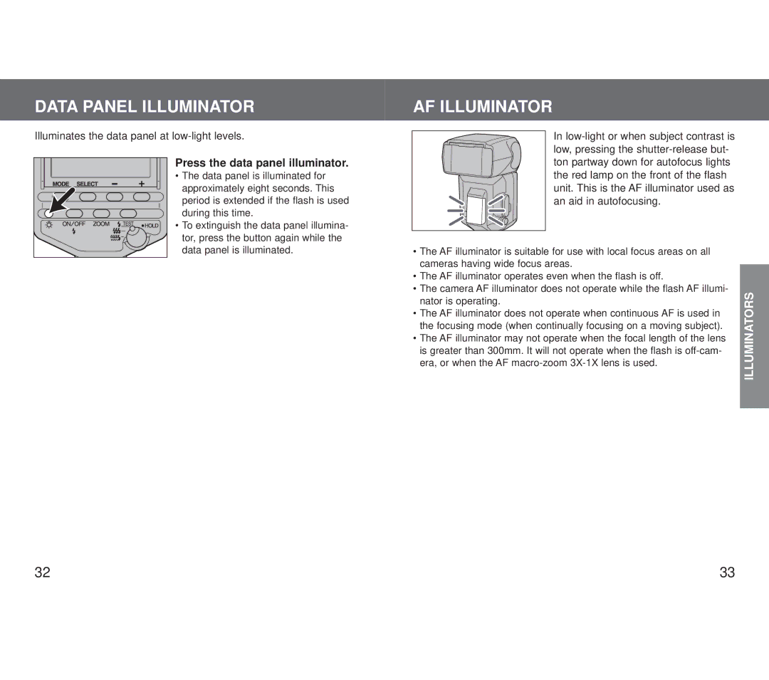 Minolta 5600HS (D) appendix Data Panel Illuminator, AF Illuminator, Press the data panel illuminator 