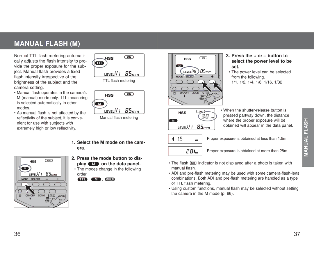 Minolta 5600HS (D) appendix Manual Flash M, Press the + or button to select the power level to be set 