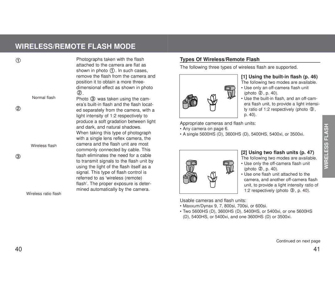 Minolta 5600HS (D) WIRELESS/REMOTE Flash Mode, Types Of Wireless/Remote Flash, Using the built-in flash p, Wireless Flash 