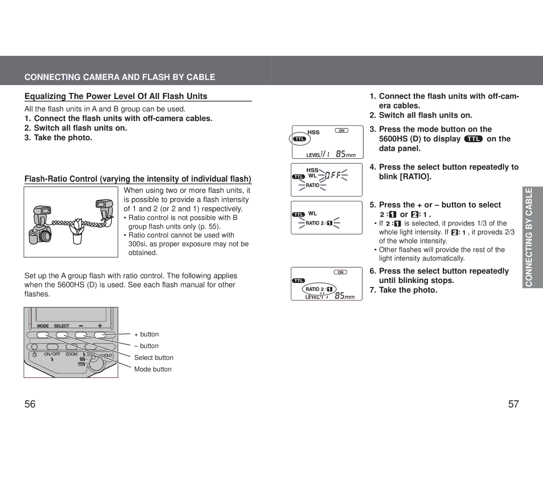 Minolta 5600HS (D) appendix Connecting Camera and Flash by Cable, Equalizing The Power Level Of All Flash Units 