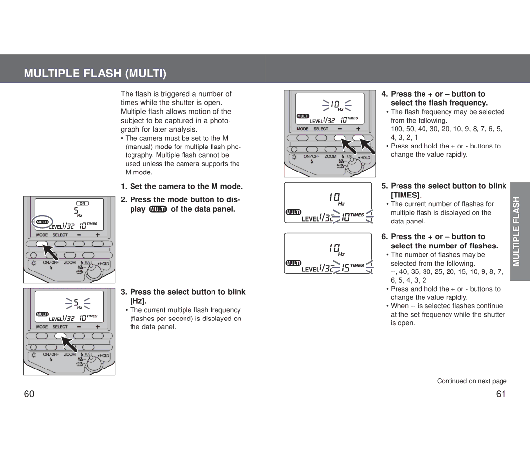 Minolta 5600HS (D) appendix Multiple Flash Multi, Press the select button to blink 