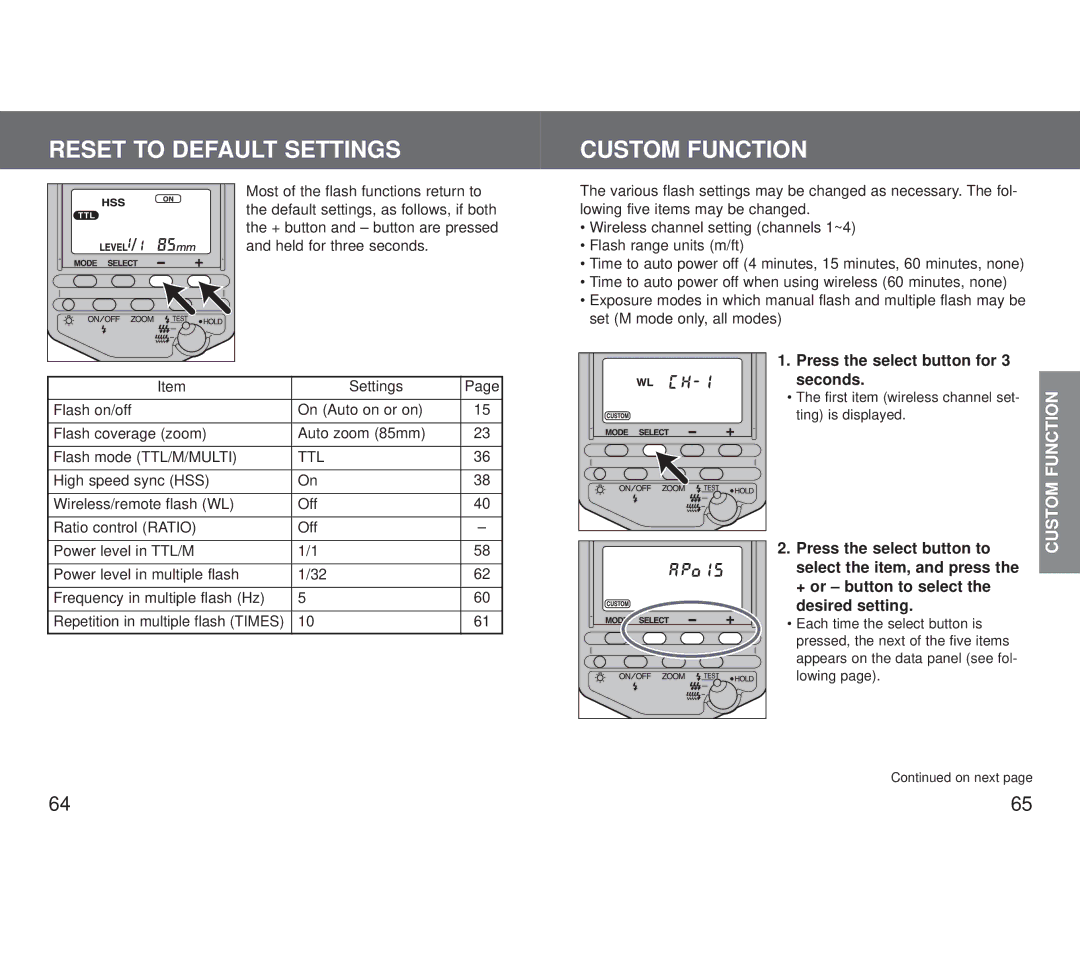 Minolta 5600HS (D) appendix Reset to Default Settings, Custom Function, Press the select button for Seconds 