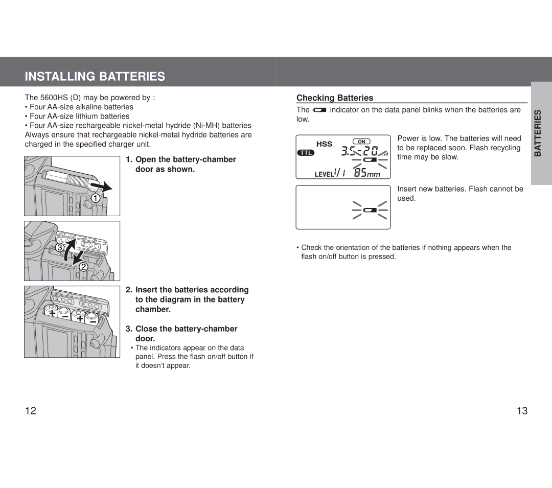 Minolta 5600HS (D) appendix Installing Batteries, Chamber Close the battery-chamber door, Checking Batteries 