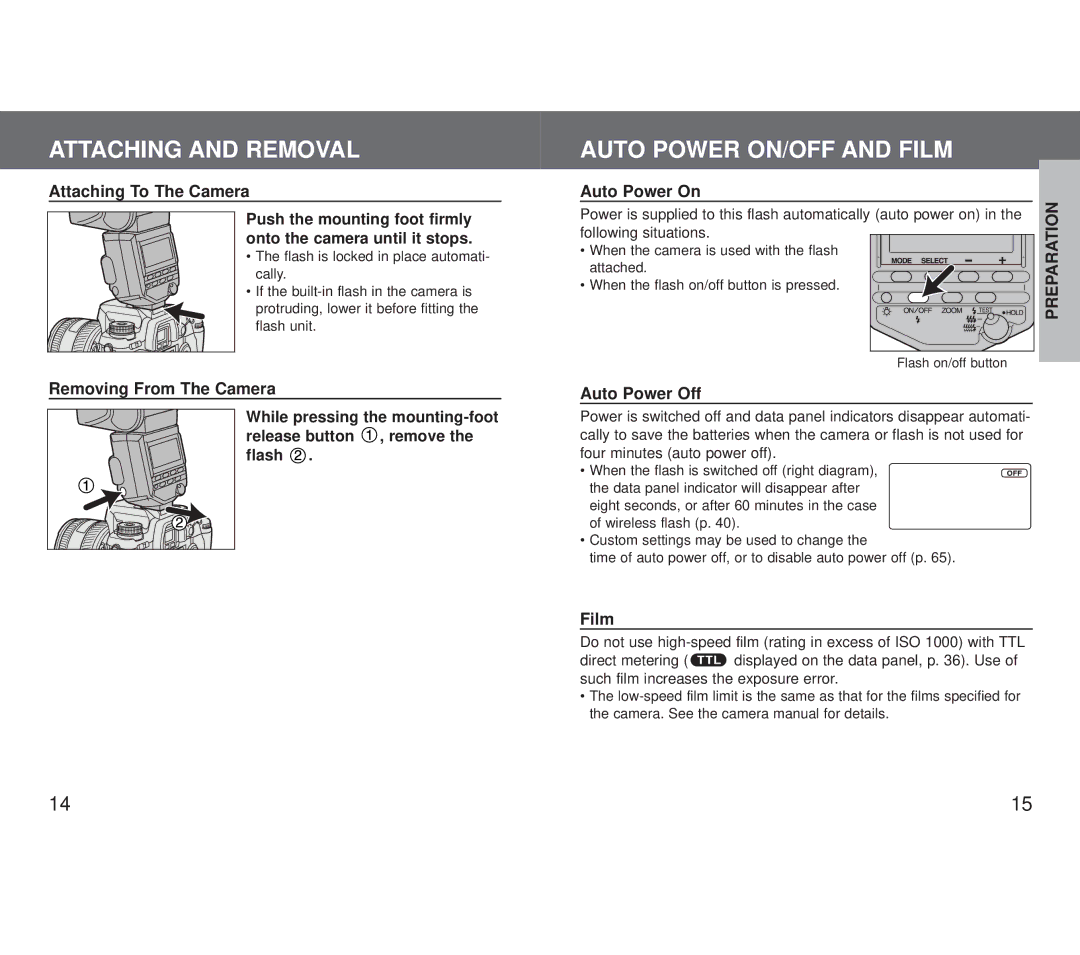 Minolta 5600HS (D) appendix Attaching and Removal, Auto Power ON/OFF and Film 