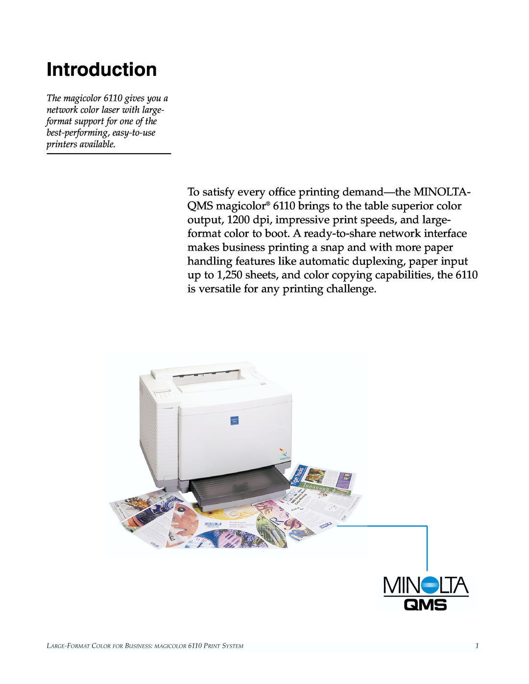 Minolta manual Introduction, LARGE-FORMAT COLOR FOR BUSINESS MAGICOLOR 6110 PRINT SYSTEM 