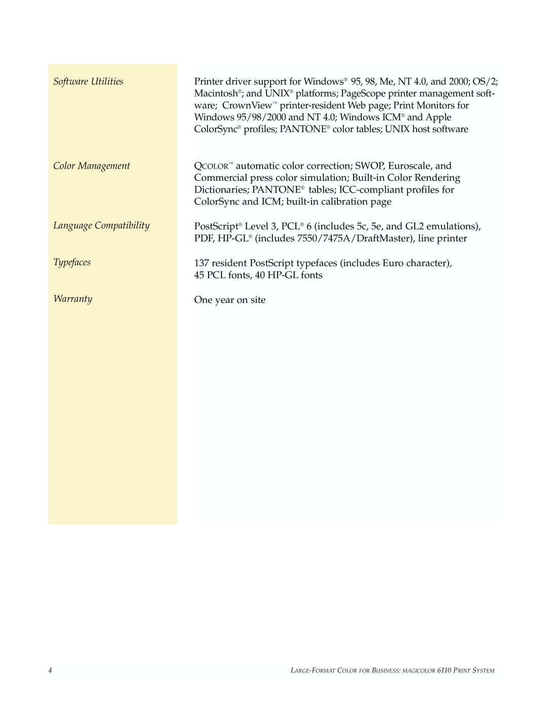 Minolta 6110 manual Software Utilities Color Management Language Compatibility Typefaces, Warranty 