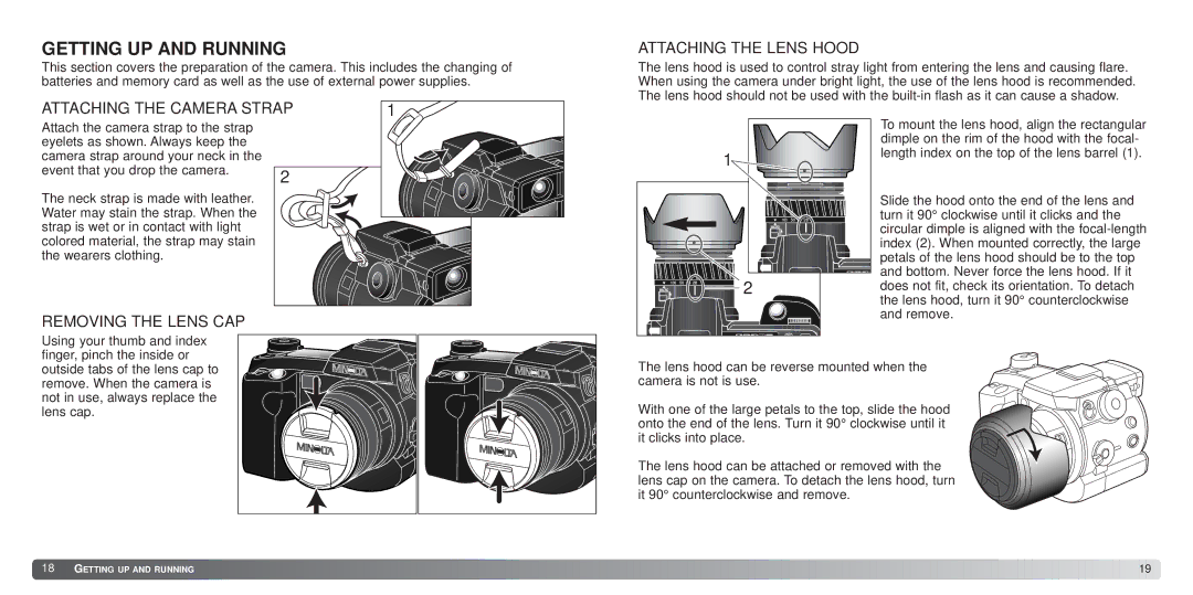 Minolta 7Hi Getting UP and Running, Attaching the Lens Hood, Attaching the Camera Strap, Removing the Lens CAP 