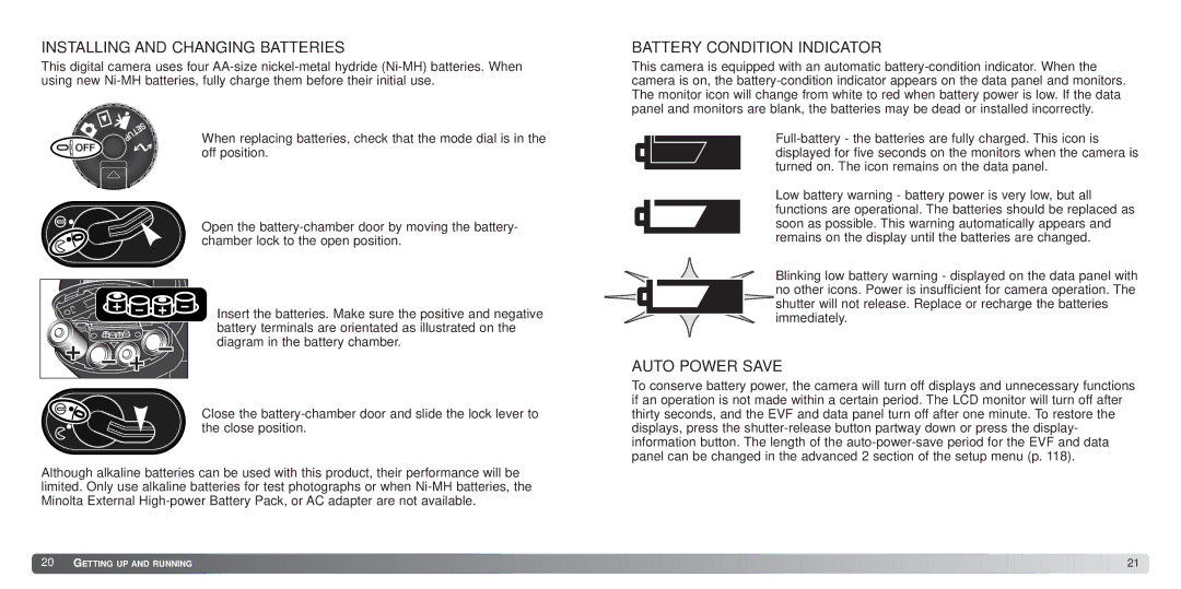 Minolta 7Hi instruction manual Installing and Changing Batteries, Battery Condition Indicator, Auto Power Save 