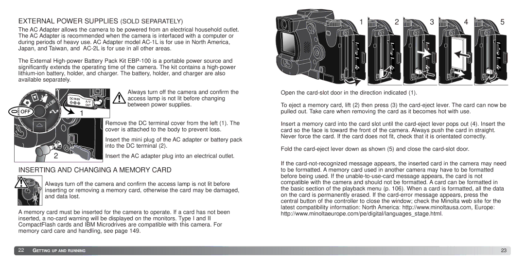 Minolta 7Hi instruction manual External Power Supplies Sold Separately, Inserting and Changing a Memory Card 