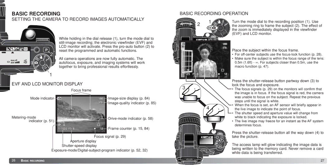 Minolta 7Hi Setting the Camera to Record Images Automatically, Basic Recording Operation, EVF and LCD Monitor Display 