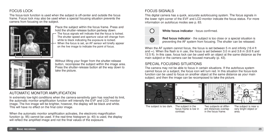 Minolta 7Hi instruction manual Focus Lock, Focus Signals, Special Focusing Situations, Automatic Monitor Amplification 