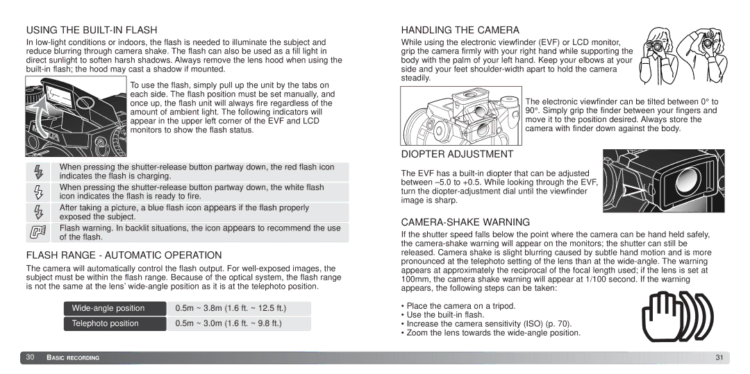 Minolta 7Hi Using the BUILT-IN Flash, Flash Range Automatic Operation, Handling the Camera, Diopter Adjustment 