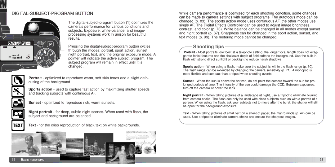 Minolta 7Hi instruction manual Shooting tips, DIGITAL-SUBJECT-PROGRAM Button 