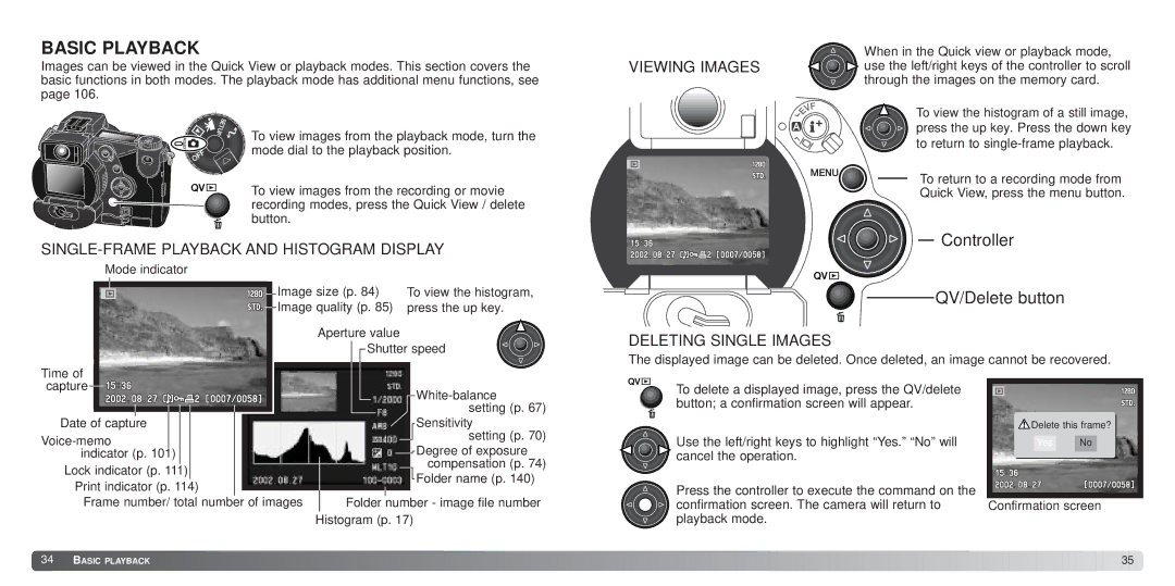 Minolta 7Hi instruction manual Basic Playback, SINGLE-FRAME Playback and Histogram Display, Deleting Single Images 