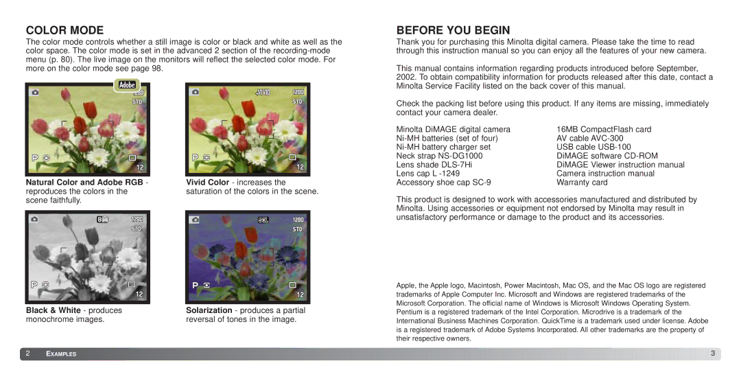 Minolta 7Hi instruction manual Color Mode, Before YOU Begin, Vivid Color increases, Solarization produces a partial 