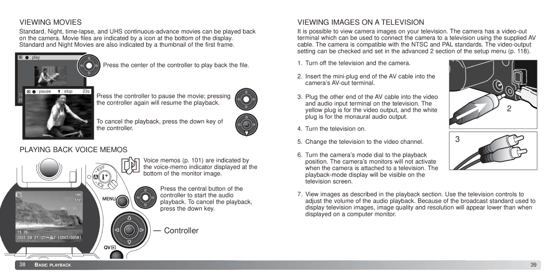 Minolta 7Hi instruction manual Viewing Movies, Viewing Images on a Television, Playing Back Voice Memos 