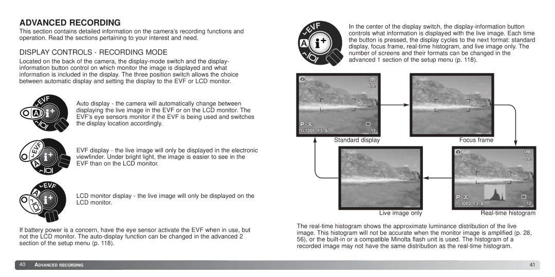 Minolta 7Hi instruction manual Advanced Recording, Display Controls Recording Mode 