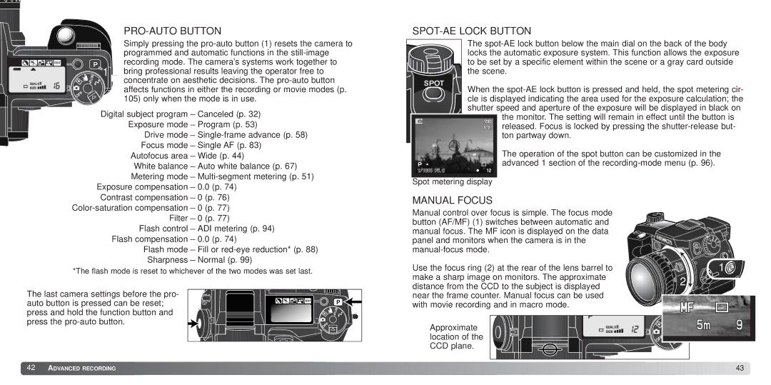 Minolta 7Hi instruction manual PRO-AUTO Button, SPOT-AE Lock Button, Manual Focus 