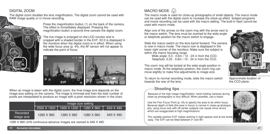 Minolta 7Hi instruction manual Digital Zoom, Macro Mode 