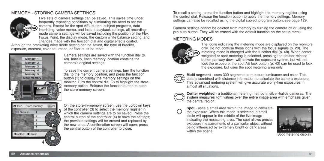 Minolta 7Hi instruction manual Memory Storing Camera Settings, Metering Modes 