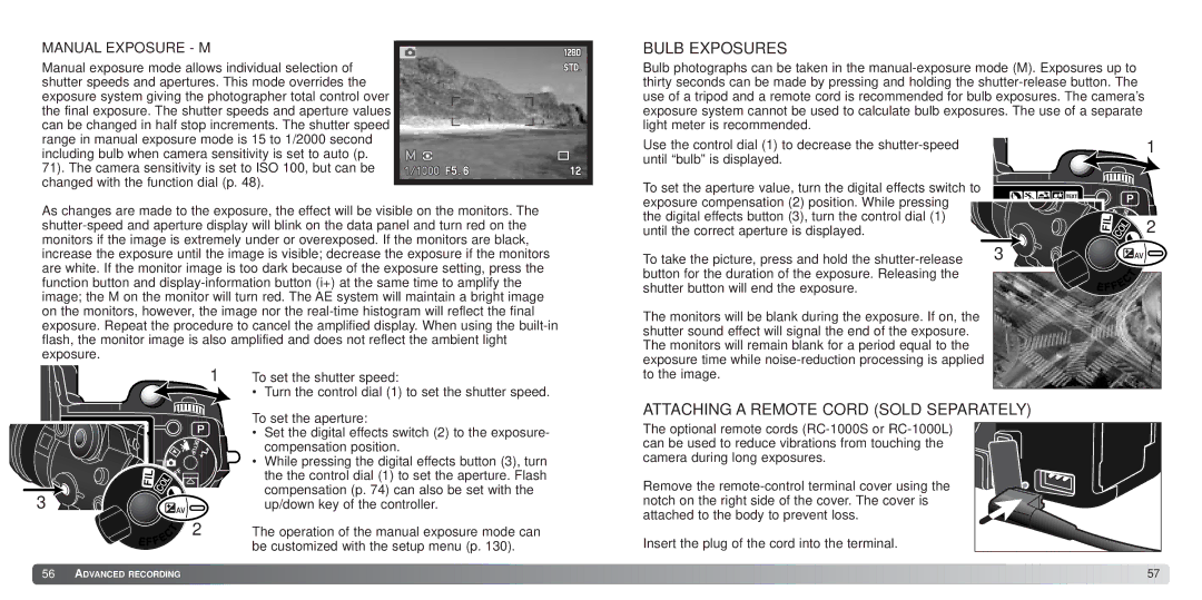 Minolta 7Hi instruction manual Bulb Exposures, Attaching a Remote Cord Sold Separately 