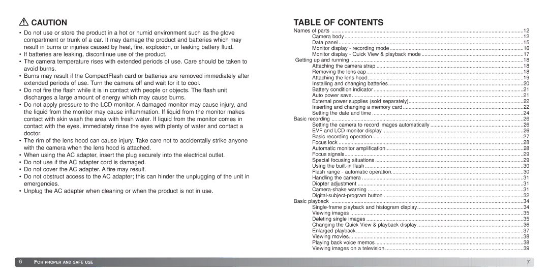 Minolta 7Hi instruction manual Table of Contents 