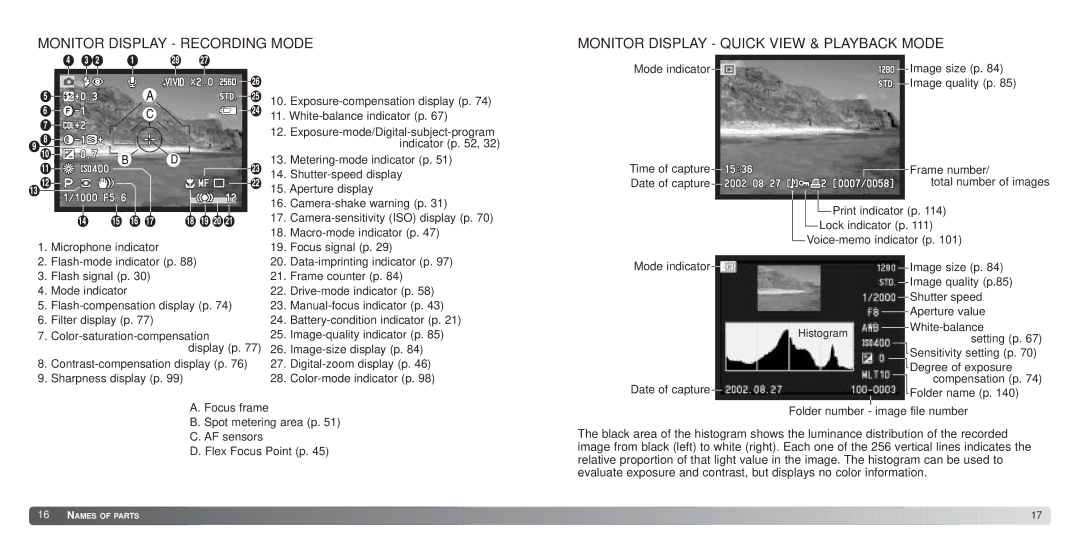 Minolta 7Hi Exposure-compensation display p, White-balance indicator p, Metering-mode indicator p, Shutter-speed display 