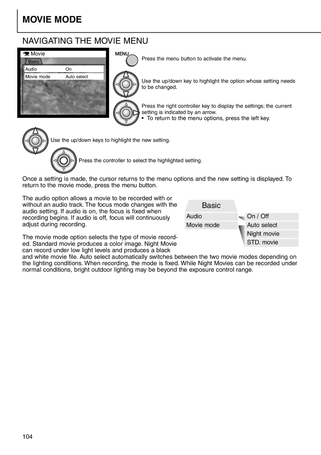 Minolta 7i instruction manual Navigating the Movie Menu 