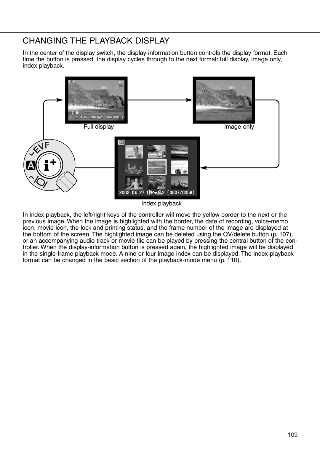 Minolta 7i instruction manual Changing the Playback Display 