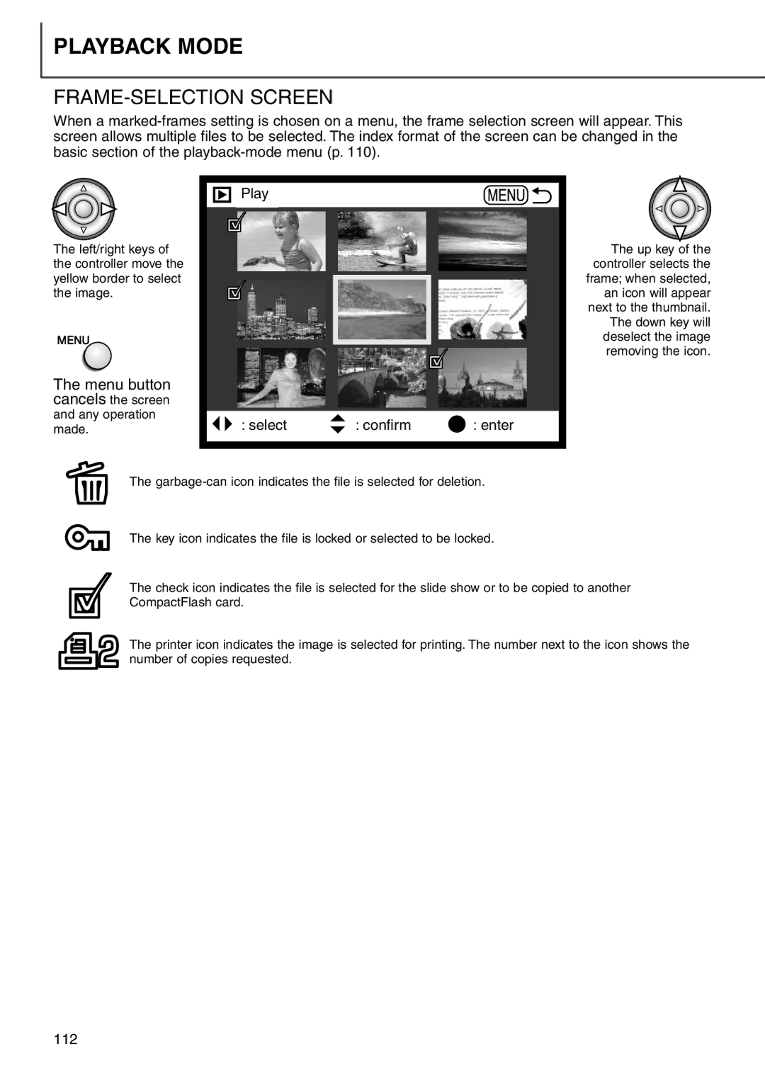 Minolta 7i instruction manual FRAME-SELECTION Screen, Play Select Confirm Enter 