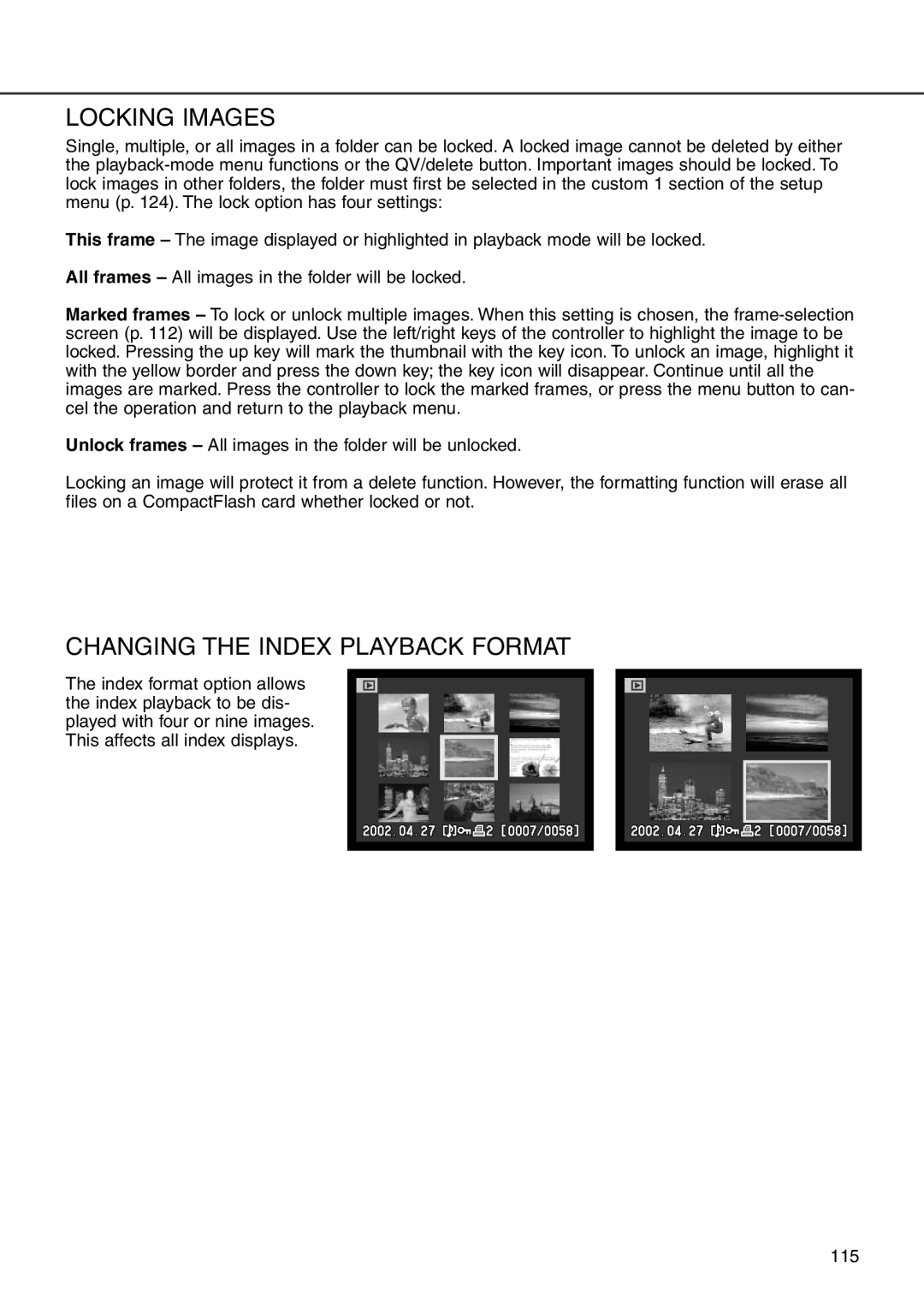 Minolta 7i instruction manual Locking Images, Changing the Index Playback Format 