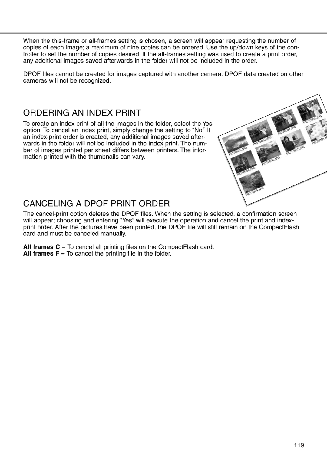 Minolta 7i instruction manual Ordering AN Index Print, Canceling a Dpof Print Order 