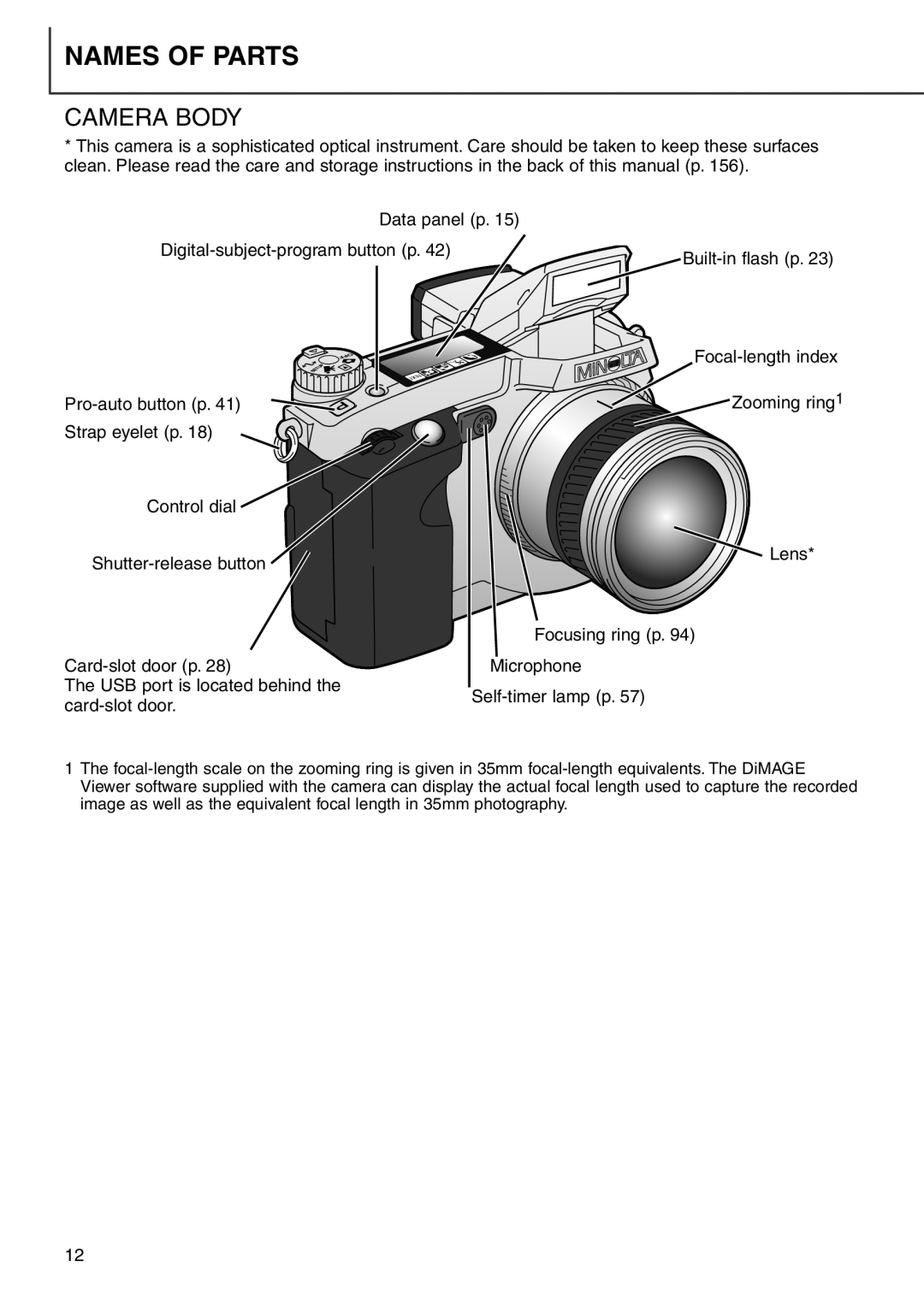 Minolta 7i instruction manual Names of Parts, Camera Body 