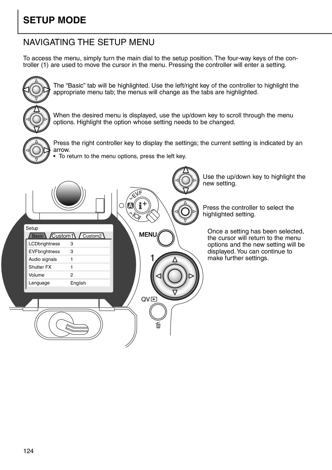 Minolta 7i instruction manual Setup Mode, Navigating the Setup Menu 