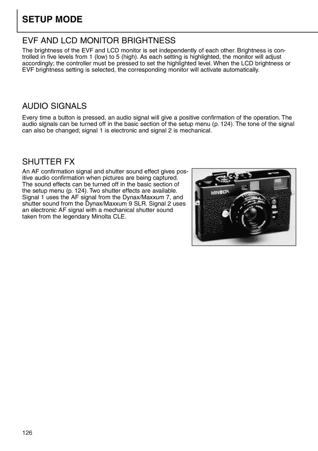 Minolta 7i instruction manual EVF and LCD Monitor Brightness, Audio Signals, Shutter FX 