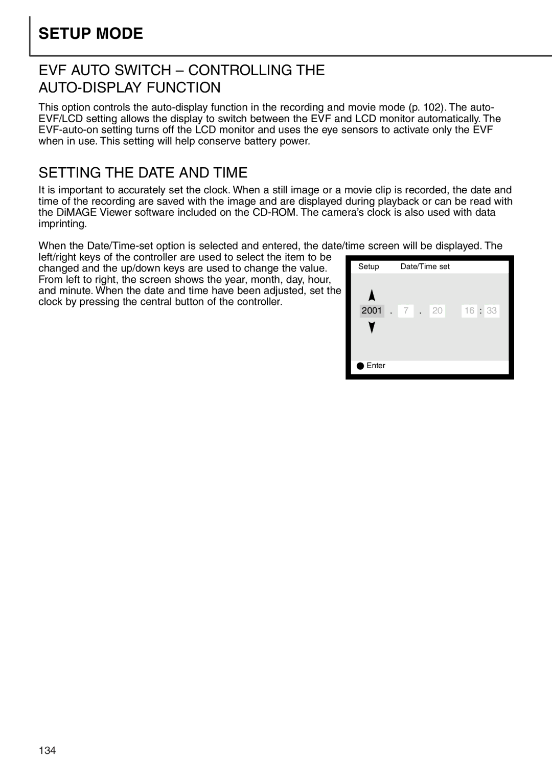 Minolta 7i instruction manual EVF Auto Switch Controlling AUTO-DISPLAY Function, Setting the Date and Time 