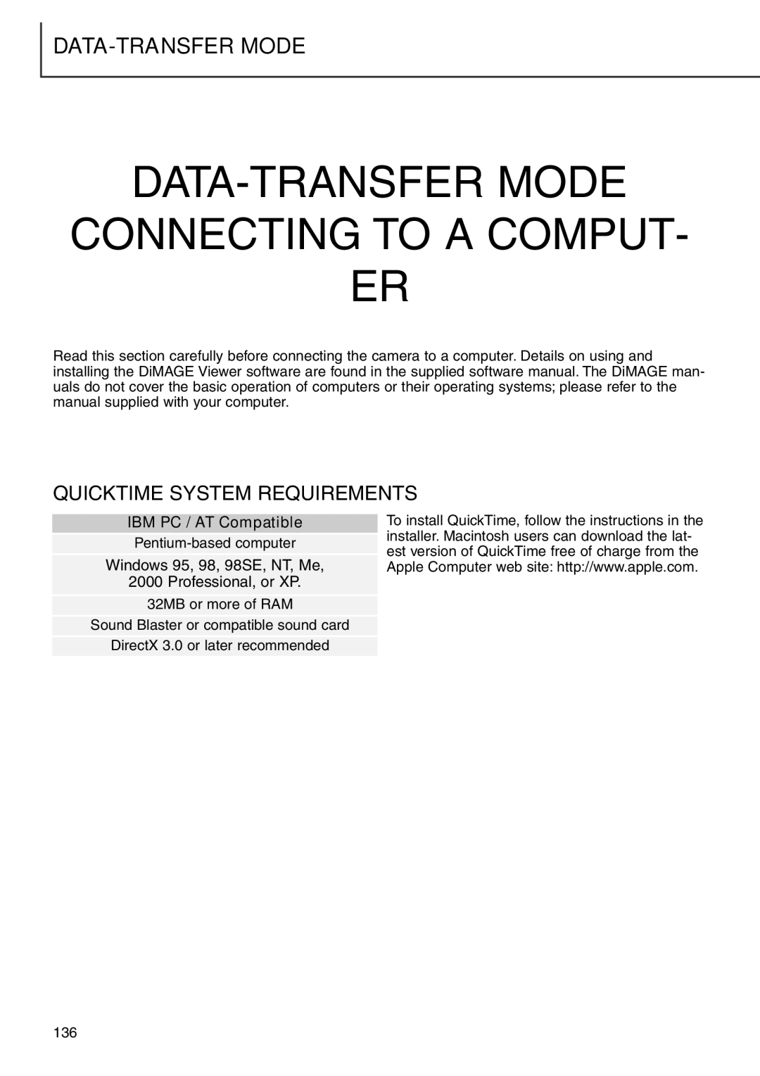 Minolta 7i instruction manual DATA-TRANSFER Mode, Quicktime System Requirements 