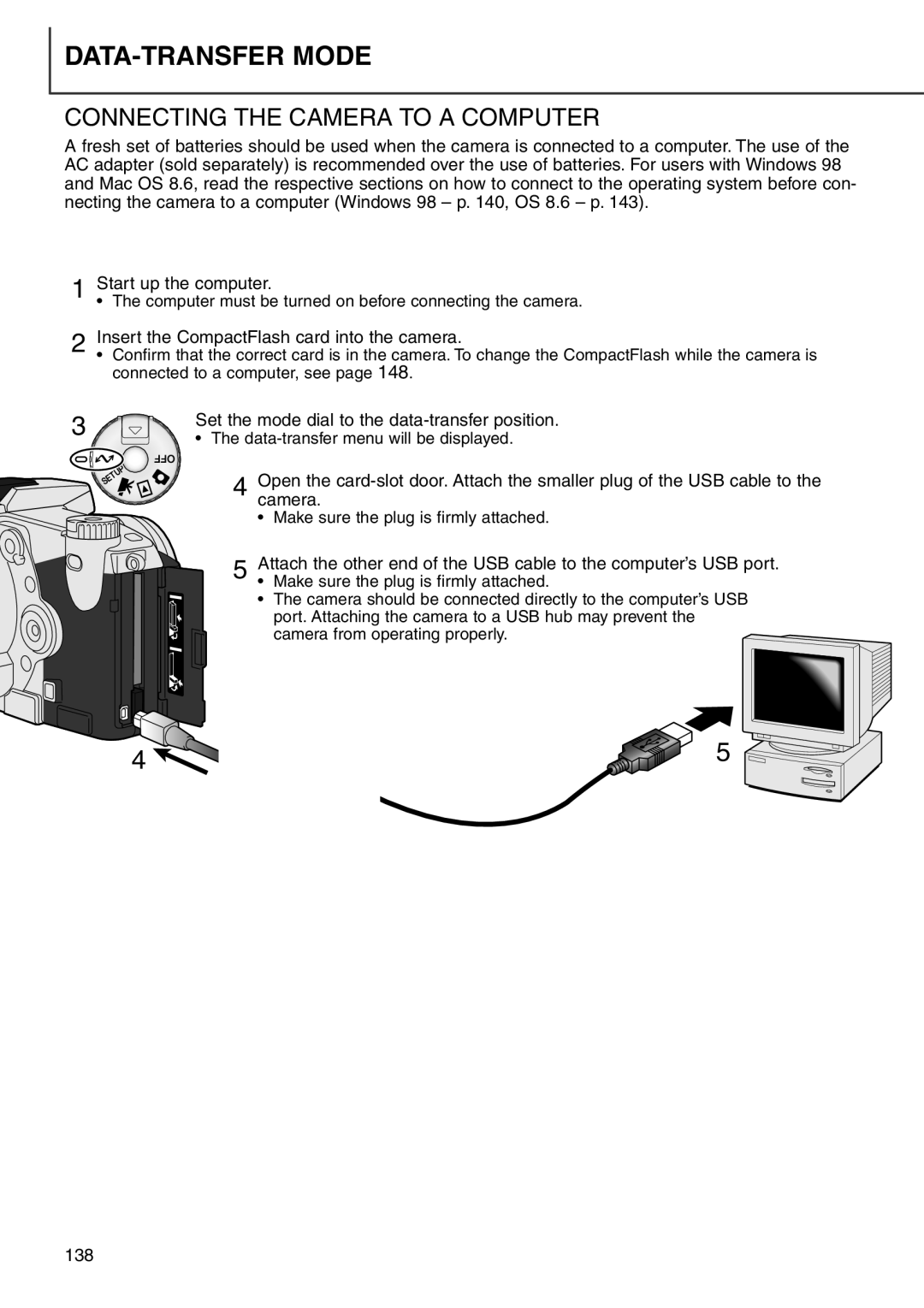 Minolta 7i instruction manual Connecting the Camera to a Computer, Insert the CompactFlash card into the camera 